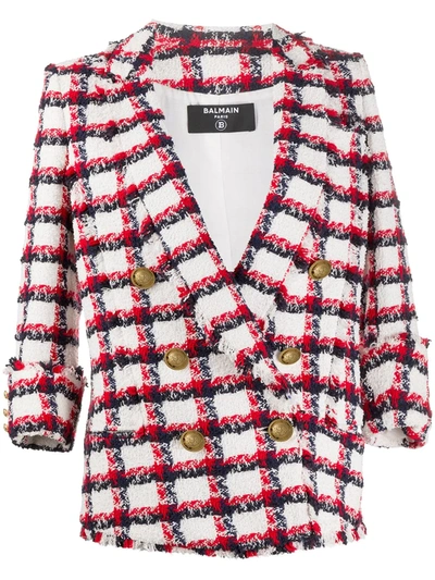 Balmain Double-breasted Check Wool-blend Tweed Blazer In Red,white,blue