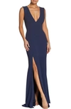 Dress The Population Sandra Plunge Crepe Trumpet Gown In Blue