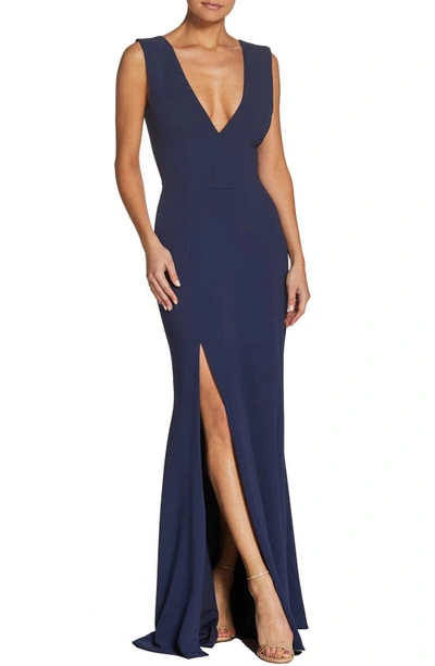 Dress The Population Sandra Plunge Crepe Trumpet Gown In Blue