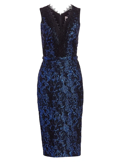 Theia Lace Trim Brocade Sheath Dress In Cobalt Black