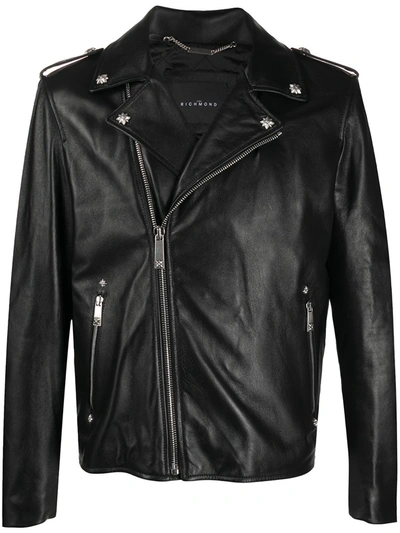 John Richmond Embroidered Back Leather Jacket In Black