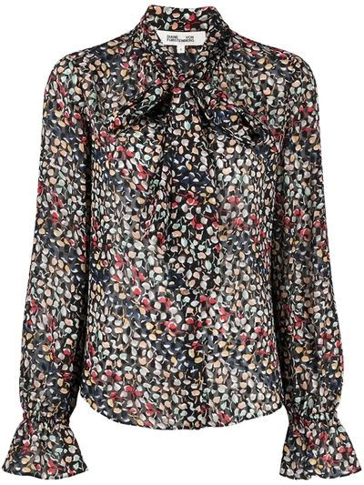 Diane Von Furstenberg Floral-print Tied-neck Silk Blouse In Diagonal Leaf Stripe Black