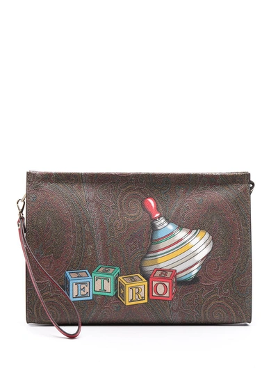 Etro Blocks-print Paisley Clutch In Brown