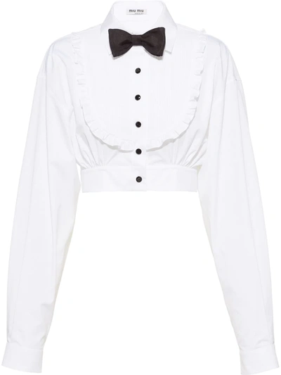 Miu Miu Sequin Bow-tie Cropped Blouse In White