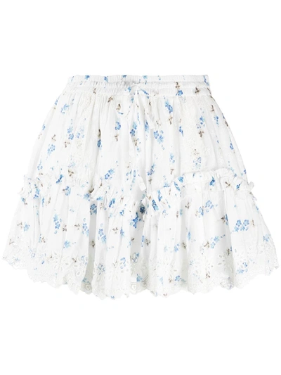 Loveshackfancy Floral Print Ruffle Detail Skirt In White