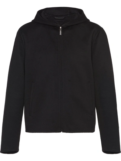 Prada Zip Front Knitted Hoodie In Black