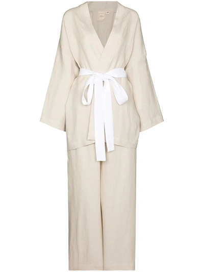 Deiji Studios + Net Sustain The 01 Washed-linen Belted Top And Pants Set In Nude
