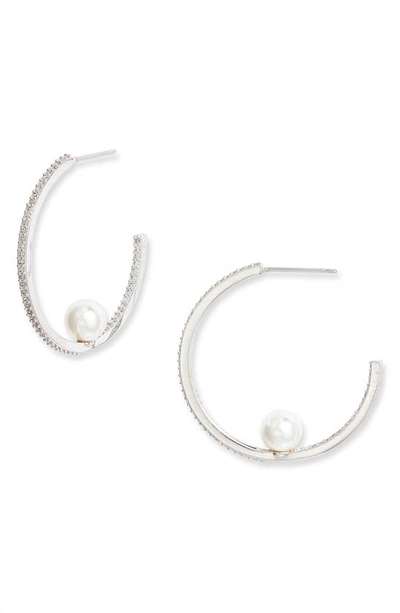 Nadri Camila Simulated Pearl Sparkle Hoop Earrings In Rhodium