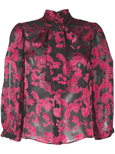 Alice And Olivia Alice + Olivia Jeannie Bow Silk Burnout Blouse In Black,pink