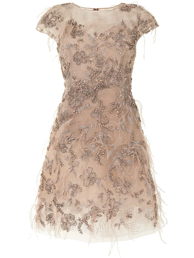 Marchesa Tulle Illusion Cap-sleeve Cocktail Dress In Pink/gold
