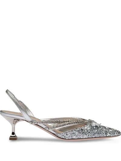 Miu Miu Metallic Glitter Kitten-heel Pumps In Silver