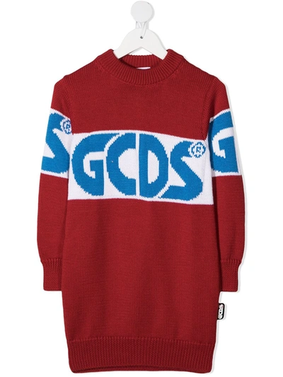Gcds Kids' Embroidered Logo Knitted Dress In Red