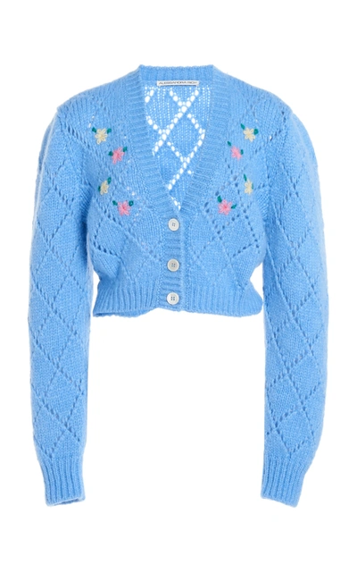 Alessandra Rich Floral-embroidered Alpaca-blend Cropped Cardigan In Blue
