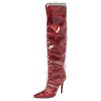 Pre-owned Jimmy Choo C/o Off-white Red Satin And Pvc Elisabeth Knee Length Pointed Toe Boots Size 40