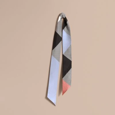 Burberry Colour Block And Striped Silk Slim Scarf In Pale Bluebell