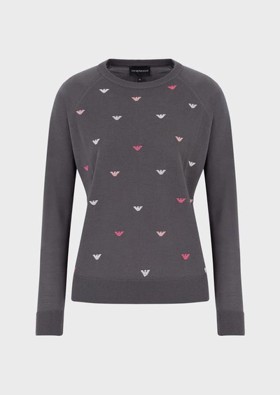 Emporio Armani Sweater With Embroidered Monogram In Grey
