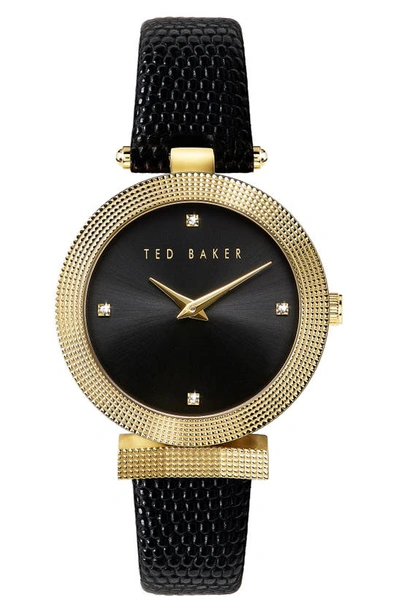Ted Baker Bow Leather Strap Watch, 36mm In Black/ Gold