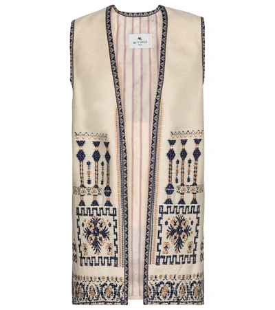 Etro Jacquard-trimmed Embroidered Wool-blend Vest In Cream