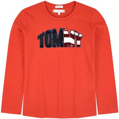 Tommy Hilfiger Kids'  Orange Sequin Branded T-shirt In Red