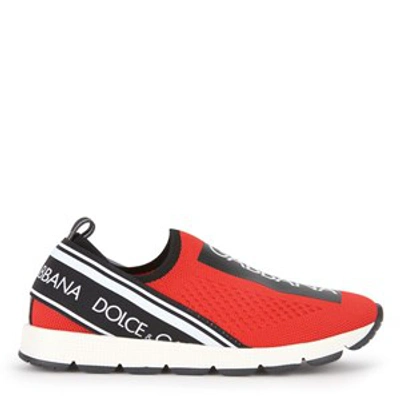 Dolce & Gabbana Maglina Slip-on Knit Logo-patch Sneakers, Kids In Red