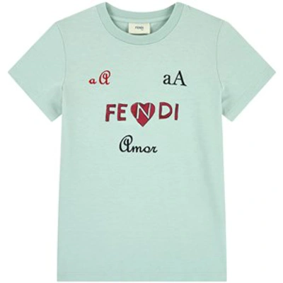 Fendi Kids'  Pale Green Branded T-shirt In Blue