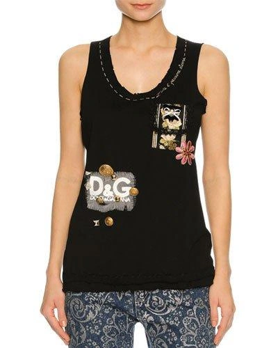 Dolce & Gabbana Embellished Raw-edge Tank Top, Black