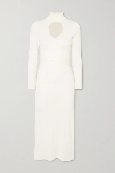The Line By K Malcolm Belted Cutout Ribbed-knit Turtleneck Midi Dress In White