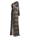Monique Lhuillier Women's One-shoulder Long-sleeve Lace Side Slit Gown In Noir