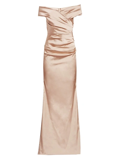 Teri Jon By Rickie Freeman Off-the-shoulder Ruched Satin Gown In Champagne