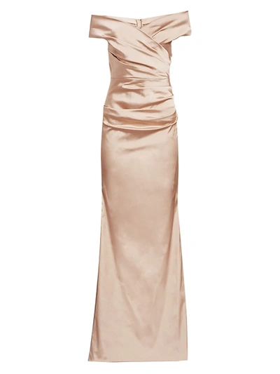 Teri Jon Off-the-shoulder Ruched Satin Gown In Champagne