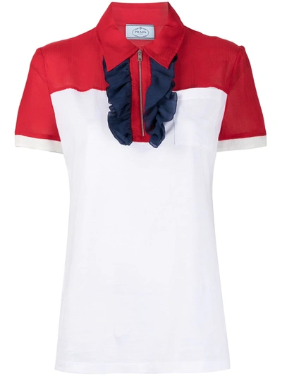 Pre-owned Prada Ruffled Detail Panelled Polo Shirt In White