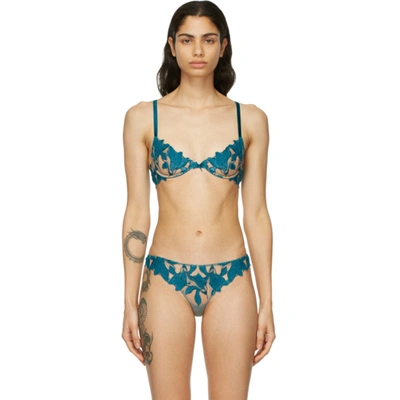 Fleur Du Mal Lily Velvet And Satin-trimmed Embroidered Stretch-tulle Underwired Bra In Deep Teal