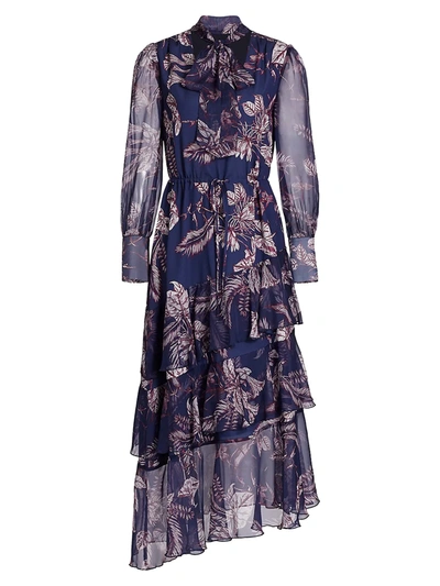 Marchesa Printed Sheer-sleeve Tiered Dress In Navy