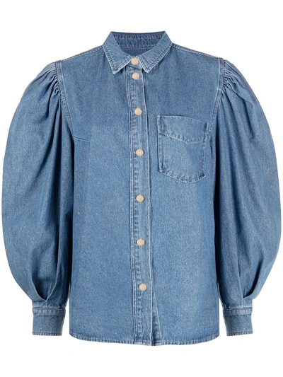 Essentiel Antwerp Denim Puff Sleeve Shirt In Blue