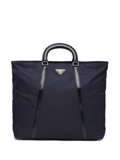 Prada Logo Plaque Tote Bag In Blue