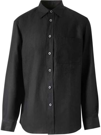 Burberry Embroidered Logo Linen Shirt In Black