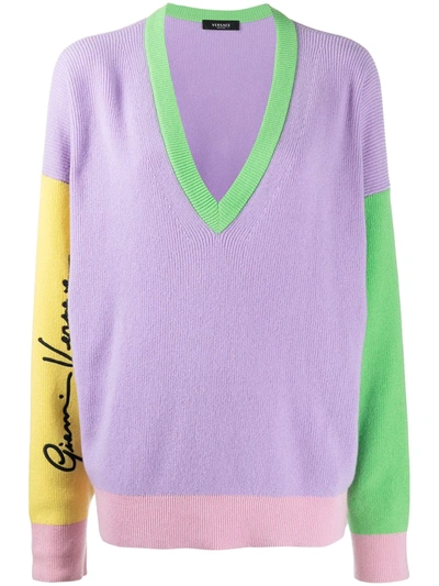 Versace Embroidered Ribbed Color-block Cashmere Sweater In Multicolor