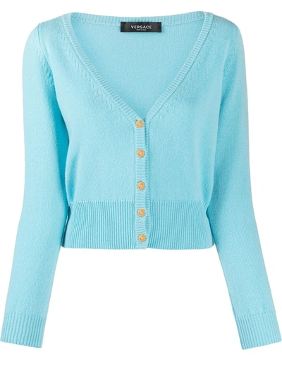 Versace Cropped Cashmere Cardigan In Blue