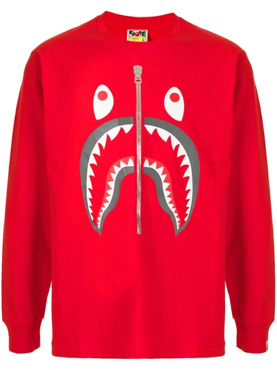 A Bathing Ape Sad Shark-print Long-sleeve T-shirt In Red | ModeSens