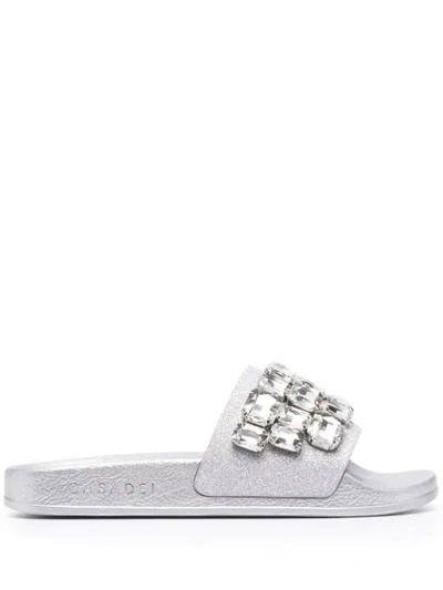 Casadei Embellished Metallic Faux Leather Slides In Silver