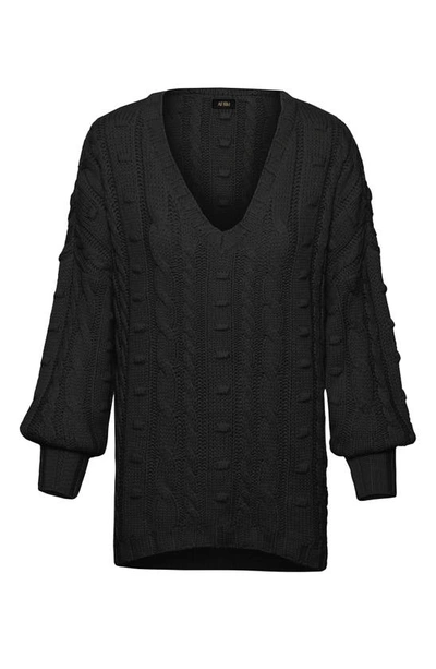 Afrm Bostom Long Cable V-neck Sweater In Noir