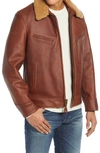 Schott Leather Moto Jacket With Genuine Shearling Trim In Luggage