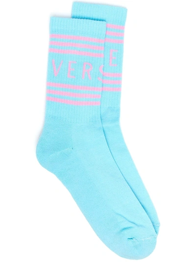 Versace Logo-intarsia Ribbed Socks In Blue