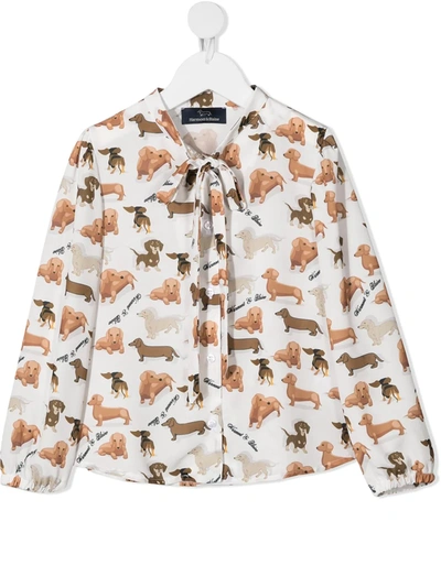 Harmont & Blaine Junior Kids' Dog-print Pussy-bow Blouse In White