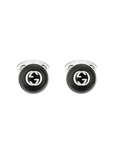 Gucci Interlocking G Sterling Silver Enamel Button Cufflinks In Black