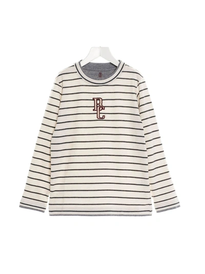 Brunello Cucinelli Kids' Striped Logo T-shirt In Beige And Grey