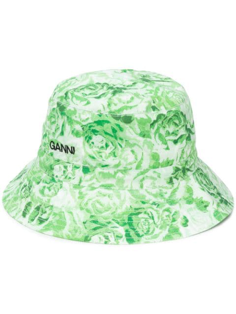 Ganni Printed Cotton Poplin Bucket Hats In Green | ModeSens