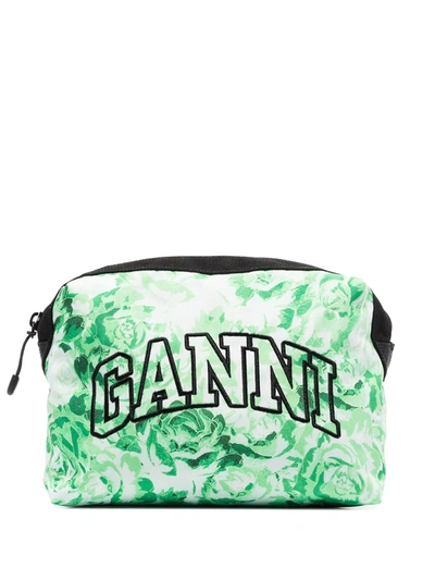 Ganni Floral Embroidered Logo Vanity Case In Island Green
