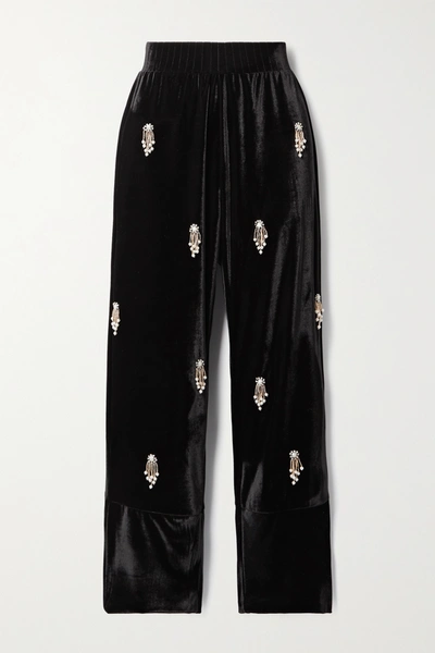 Patbo Embellished Stretch-velvet Straight-leg Pants In Black