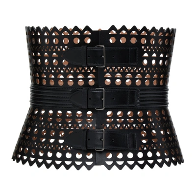 Alaïa Openwork Wide Triple-buckle Leather Corset Belt In Noir